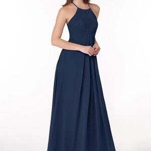 Azazie Women’s Dark Navy A-Line Halter Chiffon Maxi Dress Size 10